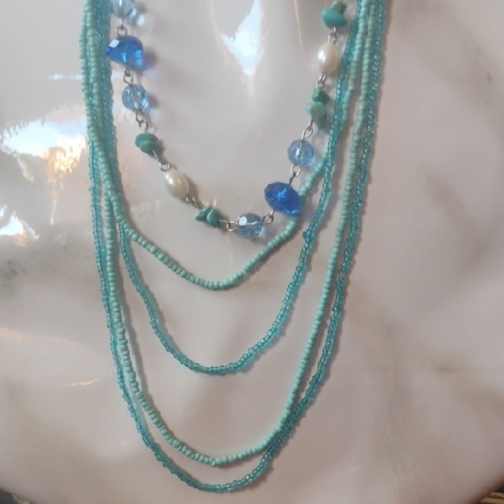Turquoise Blue Layered Necklace with Cascading Beads